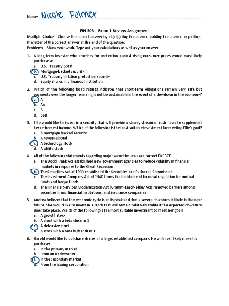 FIN 303 Exam 1 Review Guide | PDF | Beta (Finance) | Capital Asset ...
