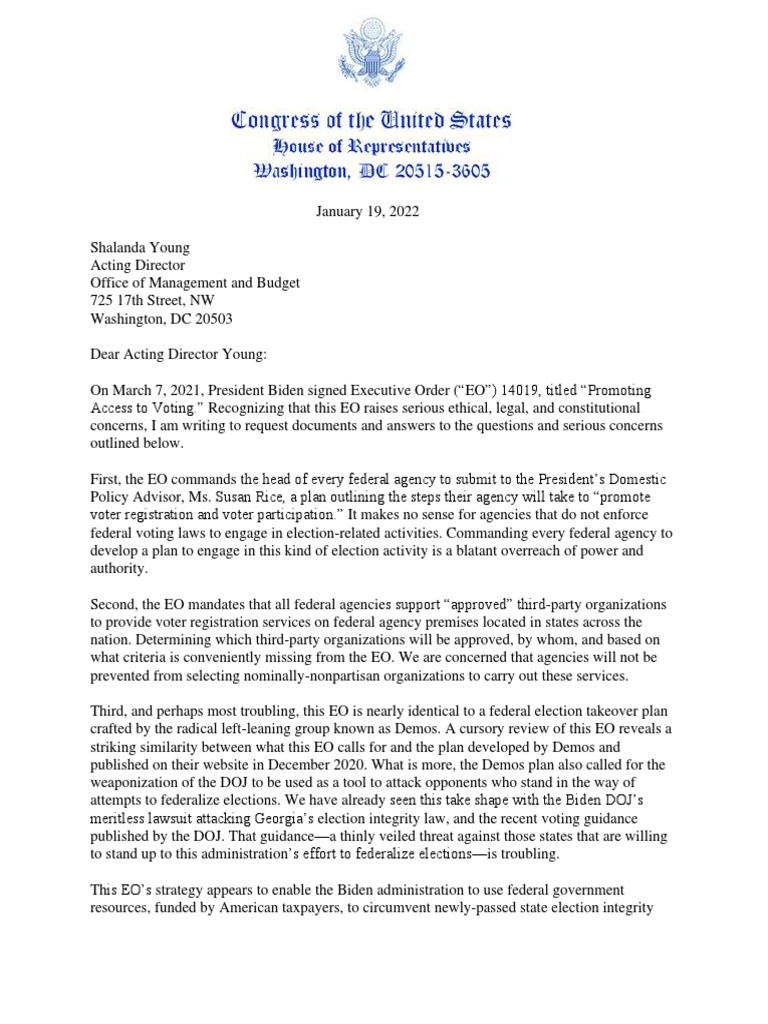 Budd Letter To OMB On Voting EO | PDF | Office Of Management And Budget ...