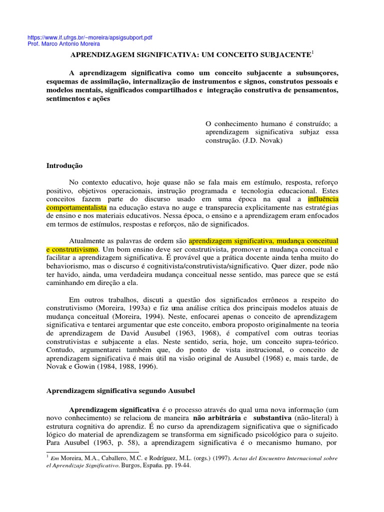 Aprendizagem Significativa - Um Conceito Subjacente | PDF | Aprendizado ...