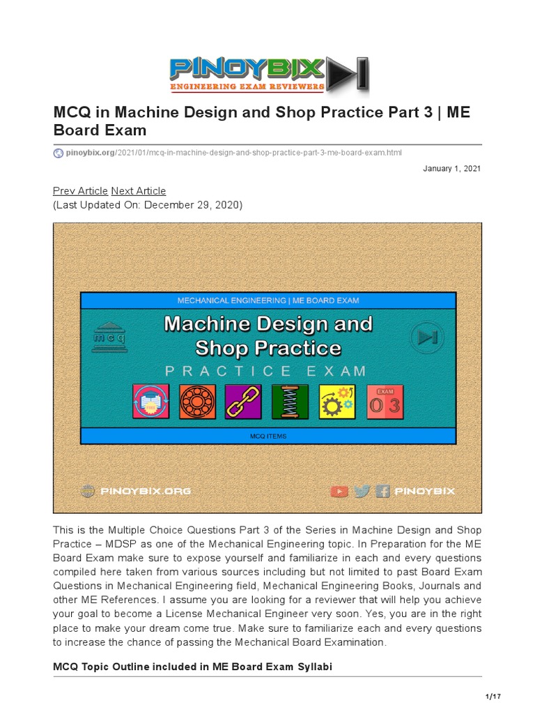 MCQ in Machine Design and Shop Practice Part 3 ME Board Exam | PDF
