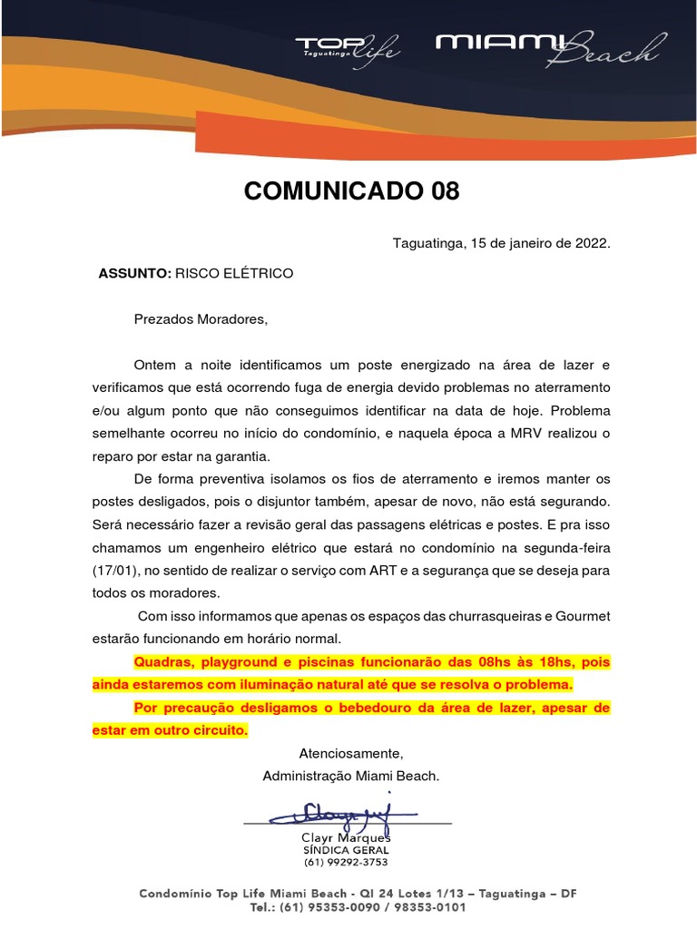 Risco Elétrico em Condomínio: Comunicado 08 | PDF | Tecnologia e Engenharia