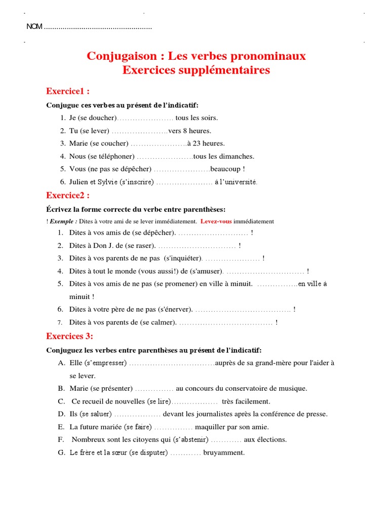 Exercices sur les verbes pronominaux | PDF | Jeux et activités | Arts ...