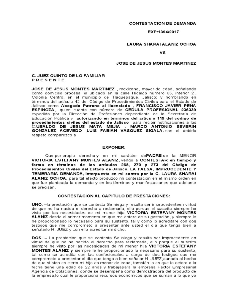 Contestación a Demanda Familiar en Jalisco | PDF | Demanda judicial ...