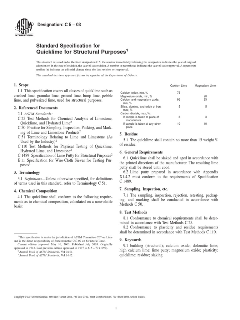 Quicklime For Structural Purposes PDF Lime (Material) Materials