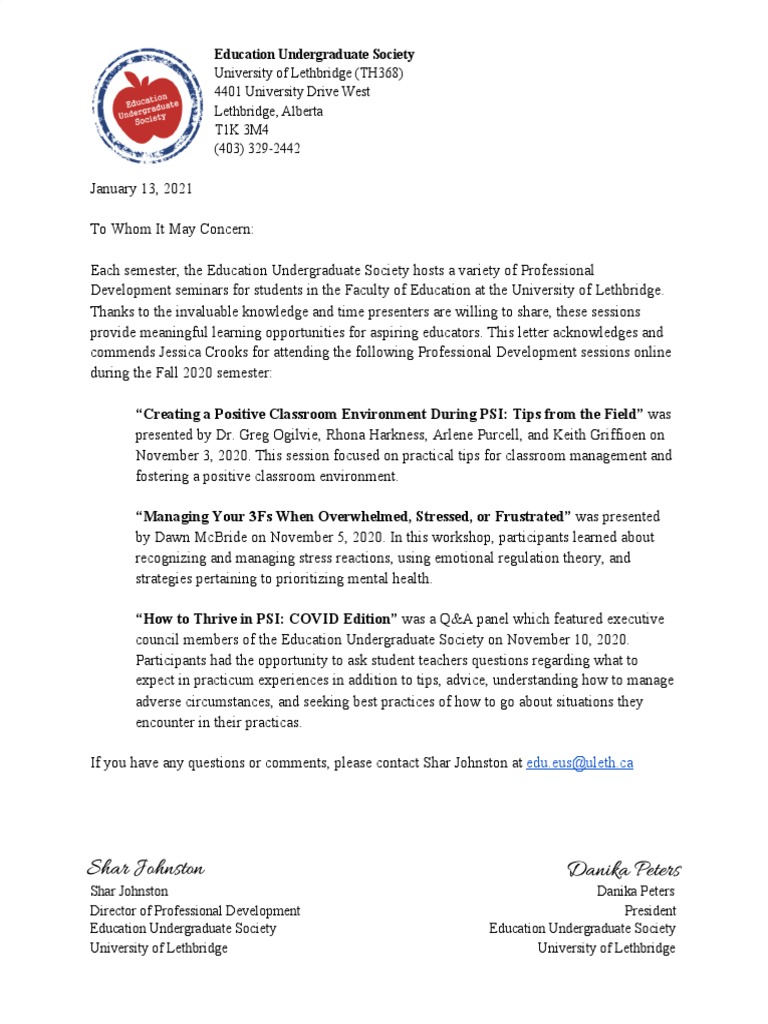 PD Reference Letter - Jessica Crooks | PDF