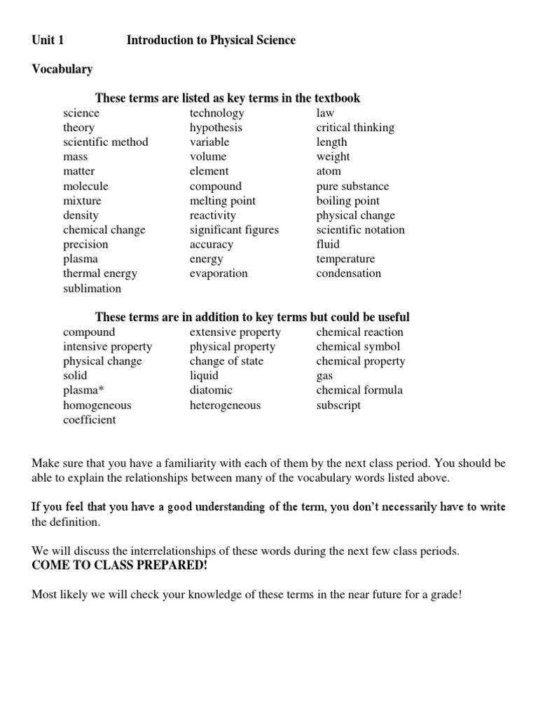 Unit 1 Introduction To Physical Science Vocabulary Words | PDF