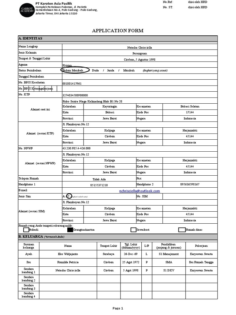 Formulir Aplikasi PT Karoten Asia Pasifik | PDF