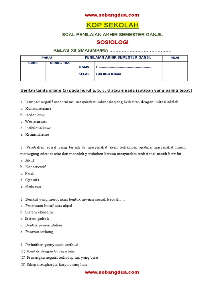 50 Soal TKA Sosiologi Kelas 12 Semester 1 Beserta Jawaban