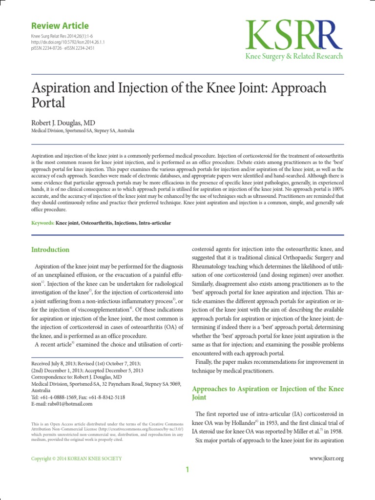 Aspiration and Injection of The Knee Joint: Approach Portal: Review ...