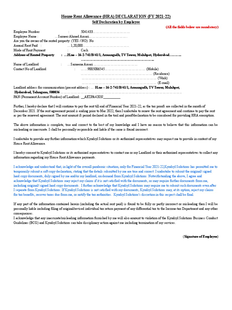 House Rent Allowance (HRA) DECLARATION (FY 202122) Self Declaration