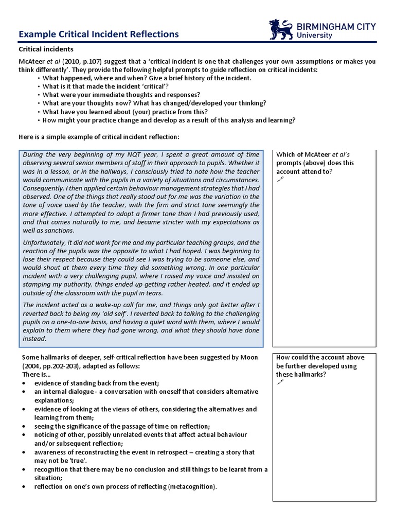 Example+Critical+Incident+Reflection+ +handout | PDF | Teachers | Human ...