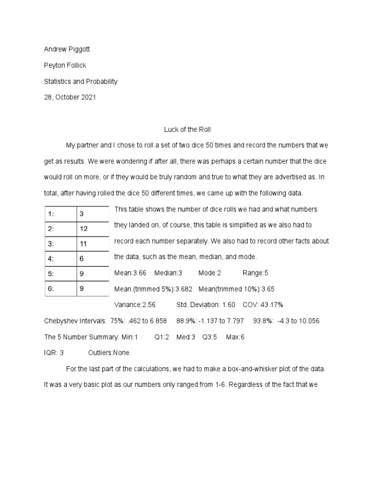 Dice Roll Statistics Analysis | PDF | Games & Activities | Teaching ...