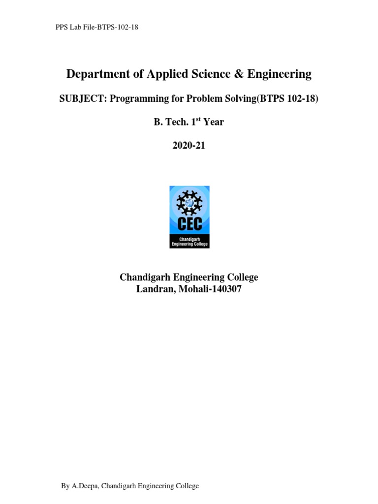 Programming for Problem Solving Lab Manual Documenting Experiments in C