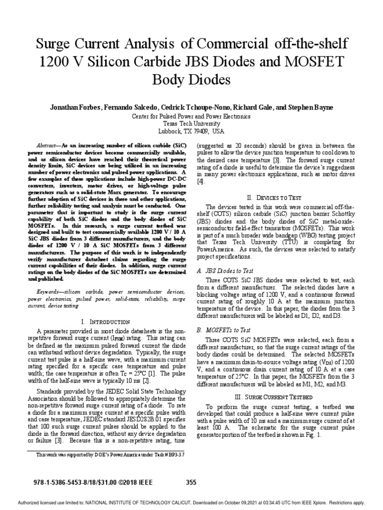 Surge Current Analysis of Commercial OffTheShelf 1200 V Silicon Carbide JBS Diodes and MOSFET
