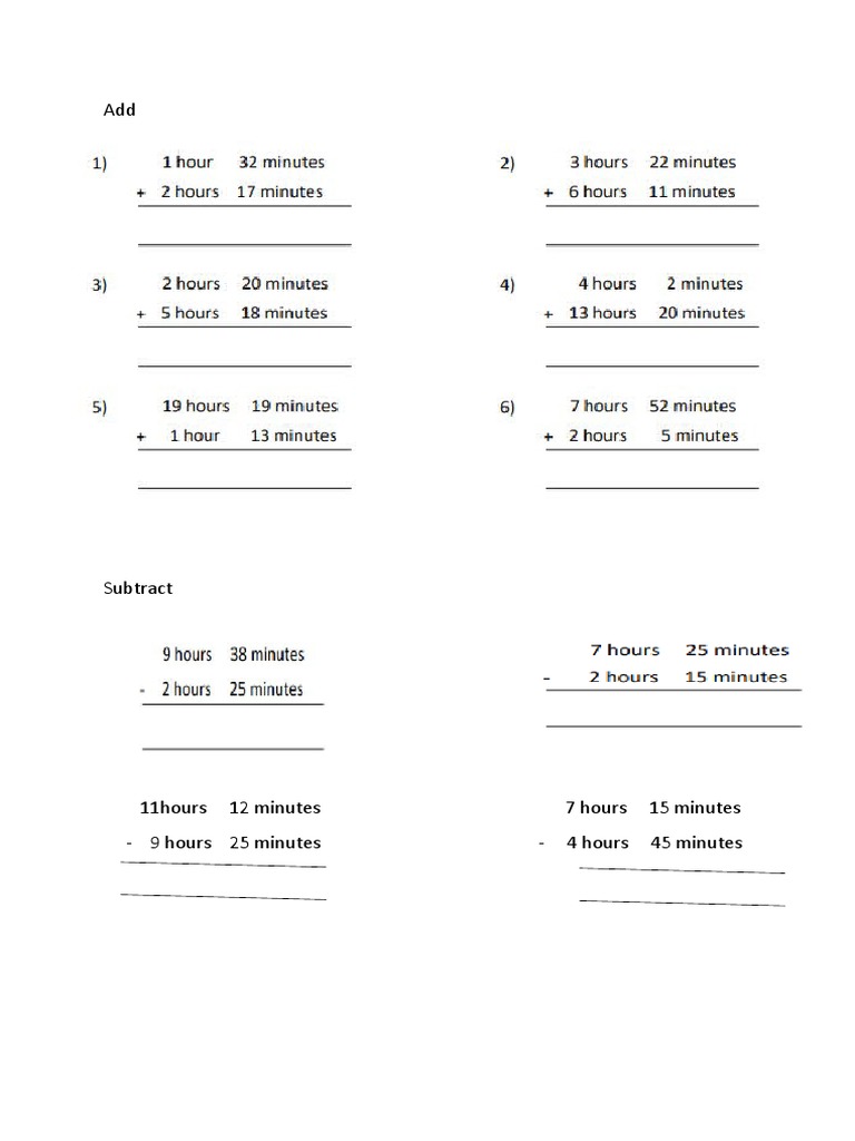 Add and Subtract Time Worksheet PDF