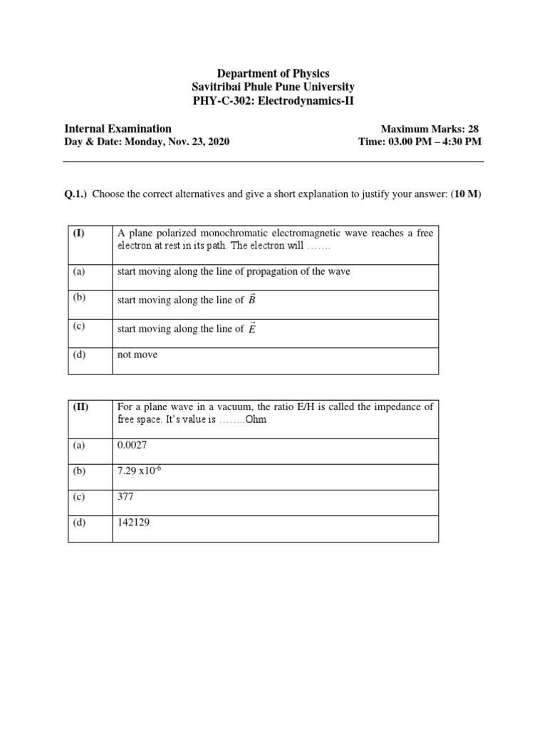 Question Paper PHY C 302 Electrodynamics II | PDF | Polarization (Waves ...