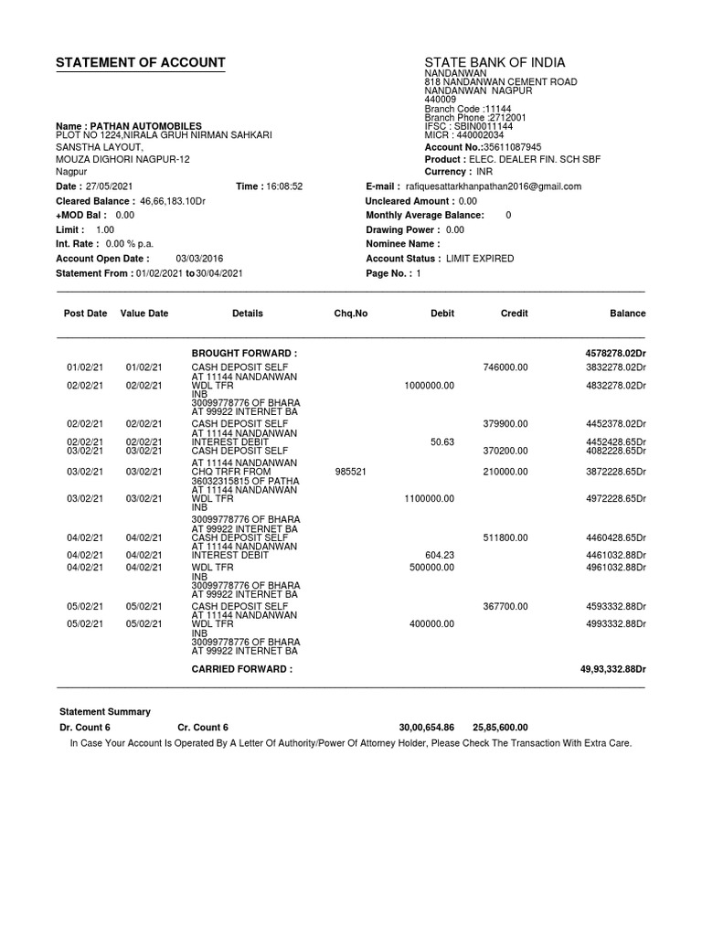 Pathan Automobiles Account Statement | PDF | Deposit Account | Debits ...
