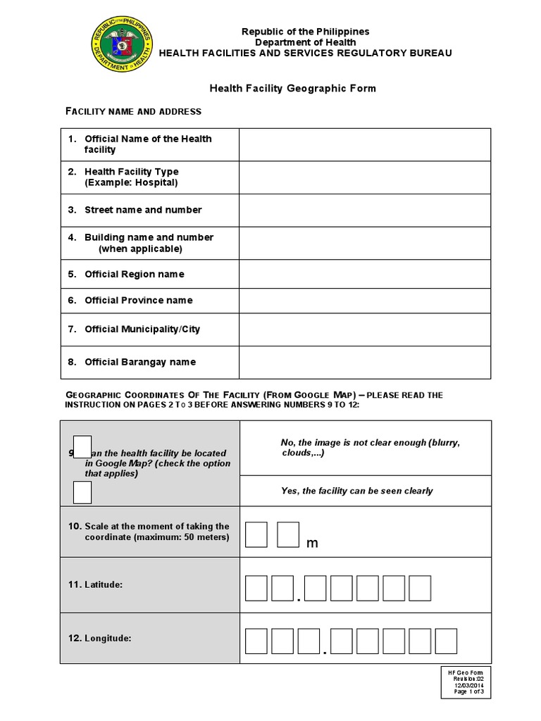 Health Facility Geographic Form F Acility Name AND Address PDF Map
