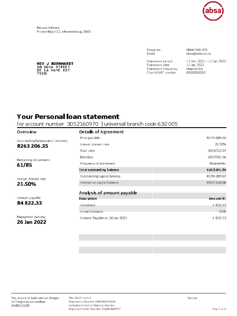Your Personal Loan Statement: Mev J Bernhardt | PDF | Banks | Interest