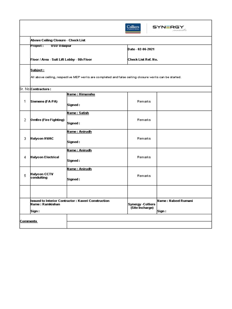Above Ceiling Closure Inspection Checklist | PDF | Ceiling | Components