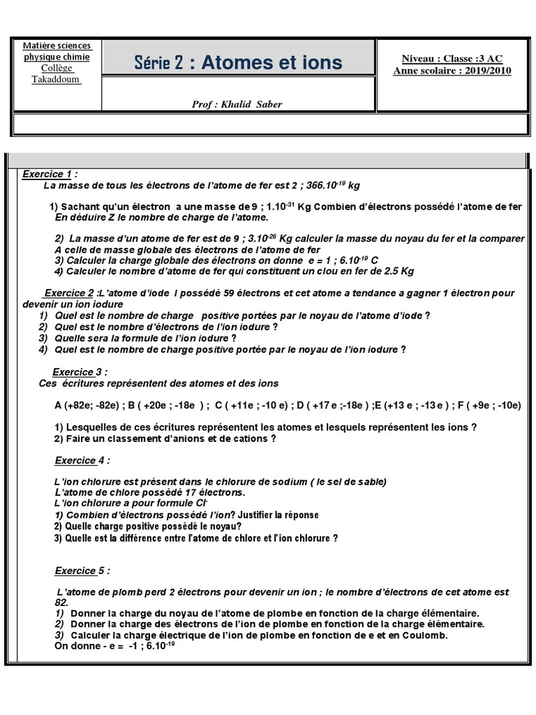 Exercices sur atomes et ions 3ème | PDF | Ion | Atomes