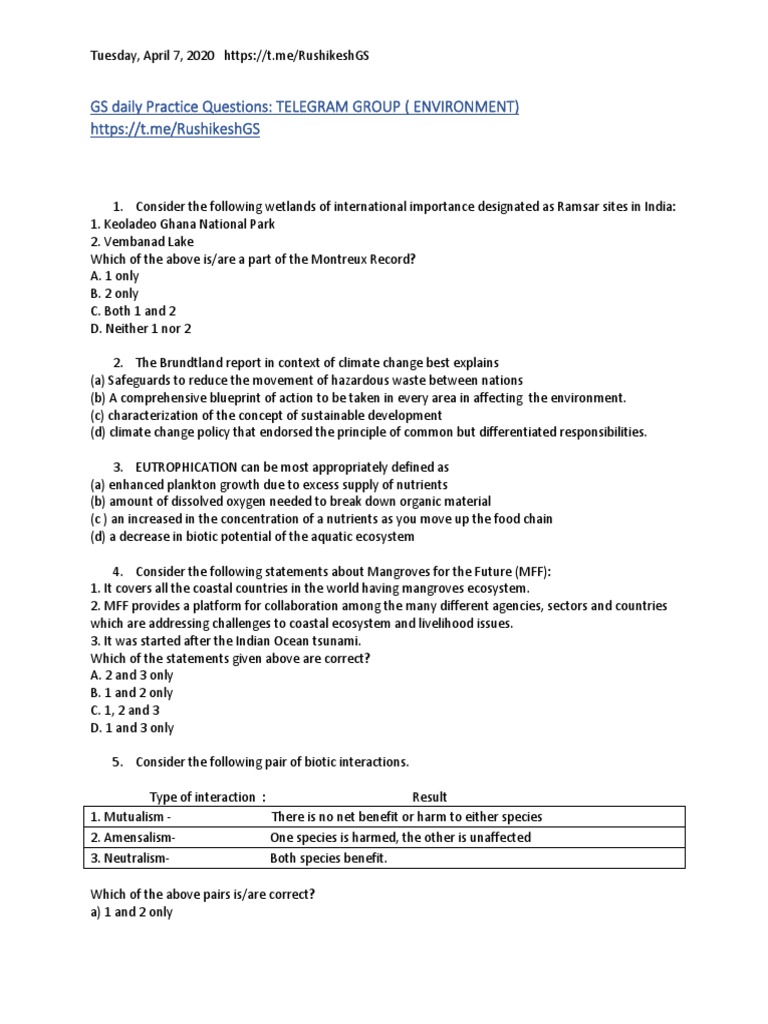 GS Daily Practice Questions 1 | PDF | Ecosystem | Environment
