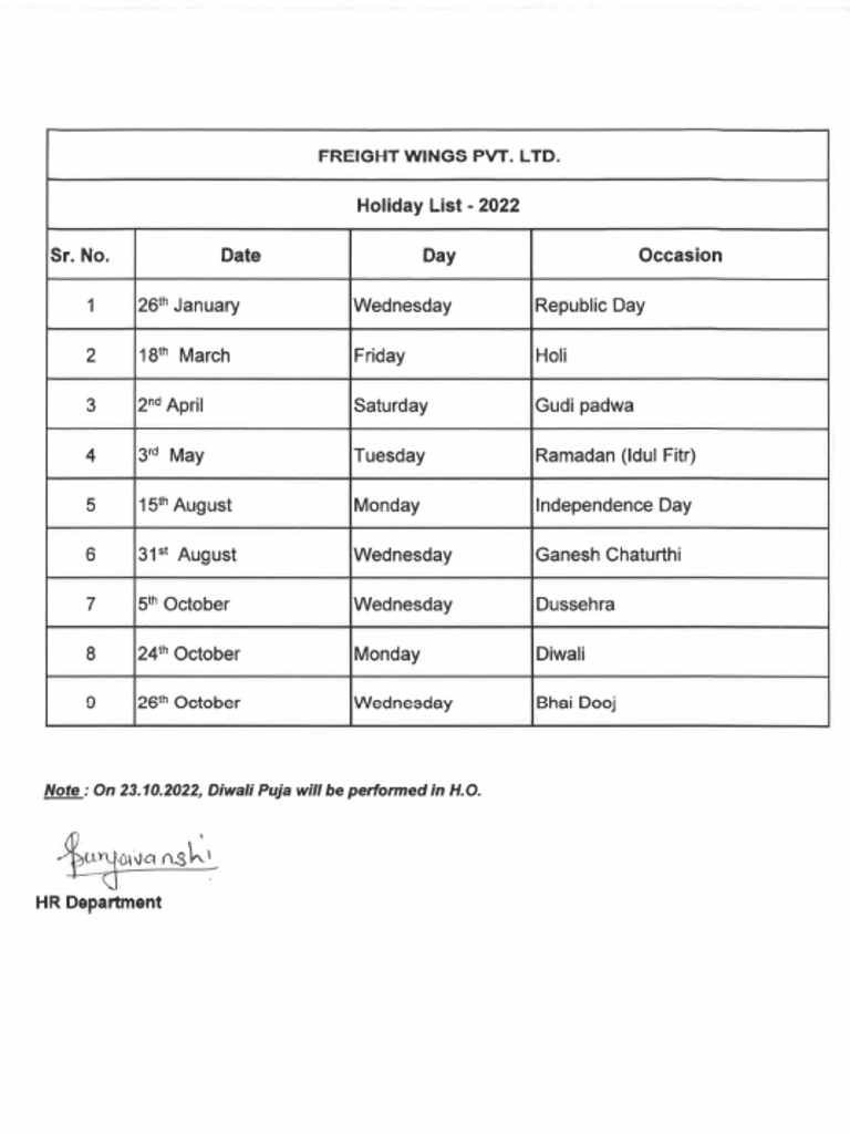 Holiday List 2022 PDF