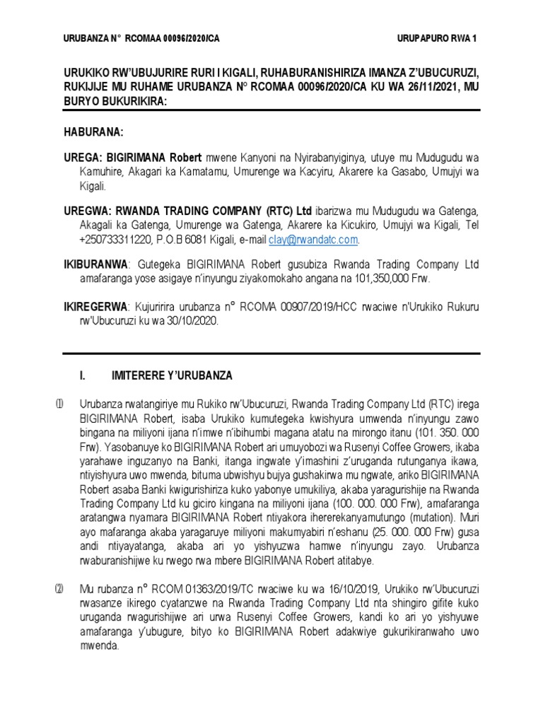 Urubanza #Rcomaa 00096/2020/ca Urupapuro Rwa 1 | PDF