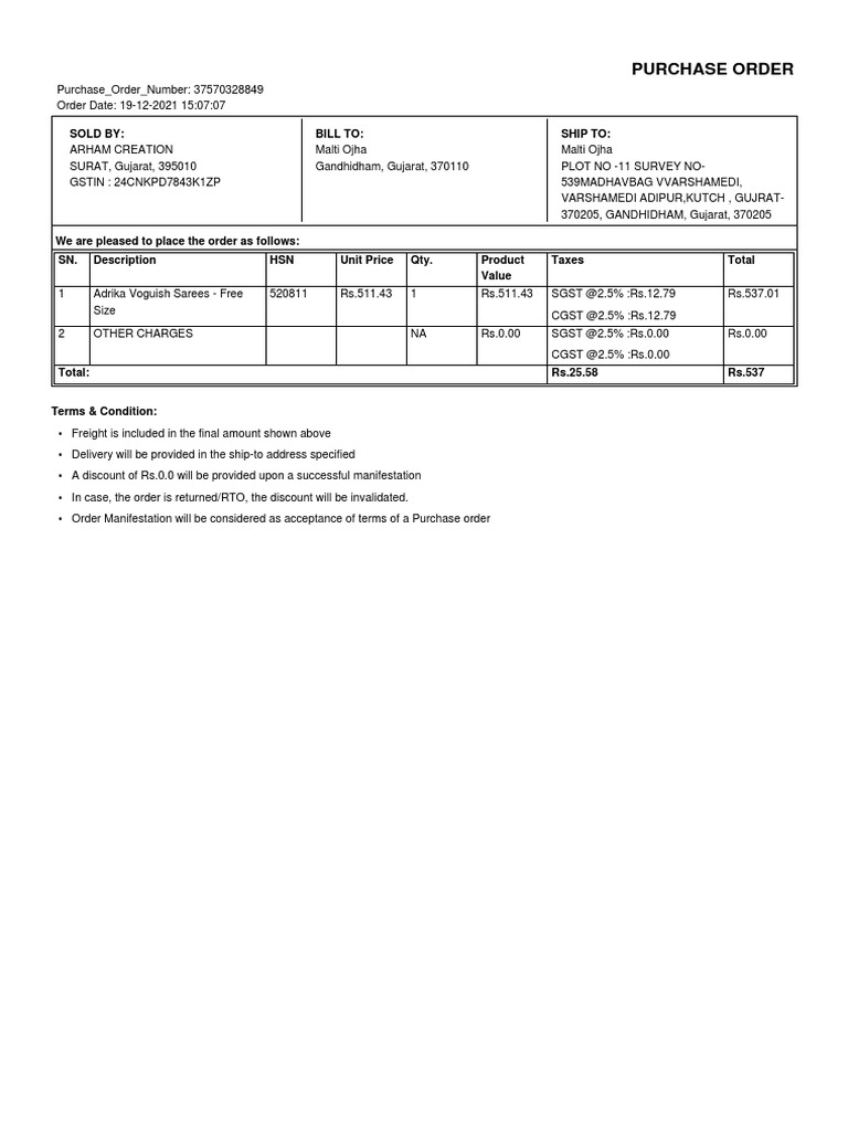 Purchase Order: Sold By: Bill To: Ship To | PDF