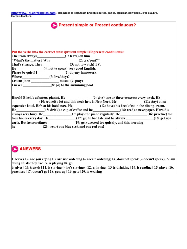 Present Simple vs Continuous Exercises | PDF | Foreign Language Studies