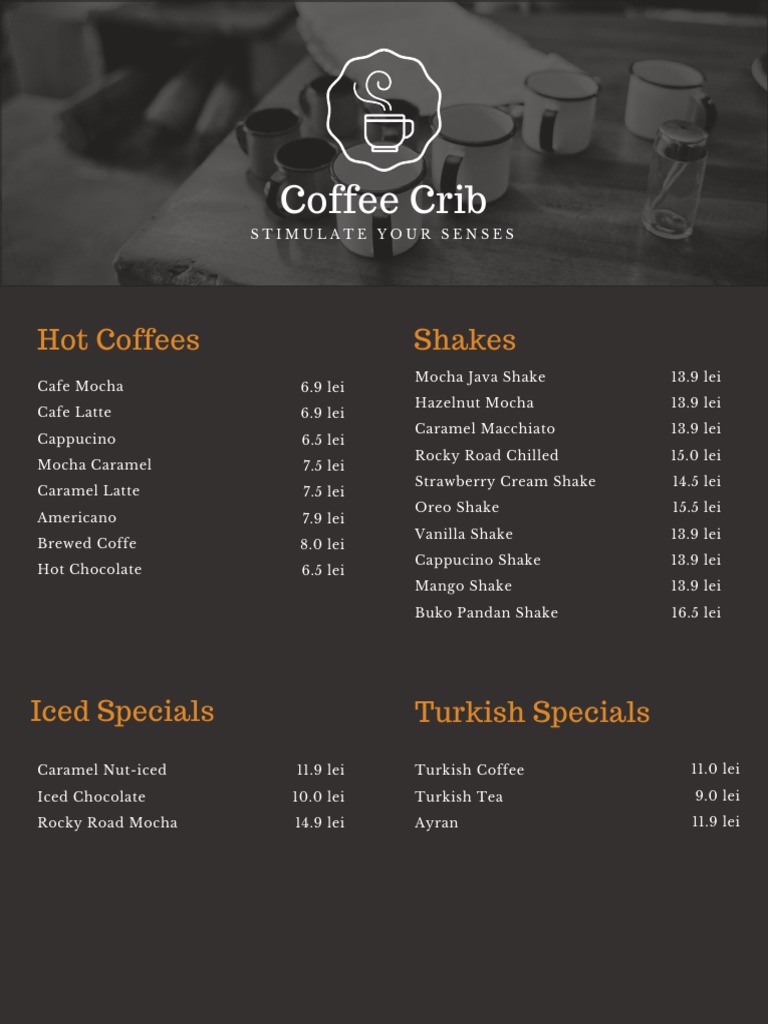 Dark Brown Cups Coffee Shop Menu PDF Coffee Drink