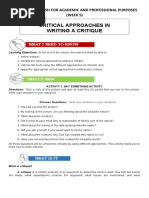 Critical Approaches in Writing A Critique: Grade 12 - English For Academic and Professional Purposes (WEEK 5)