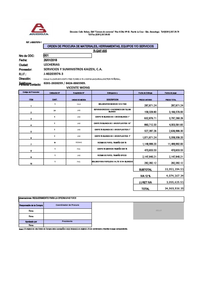 Órdenes de Compra de Materiales y Servicios | PDF