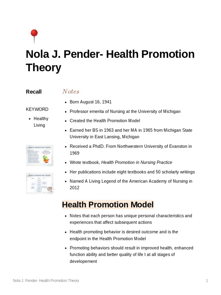 Nola J. Pender Health Promotion Theory PDF Behavior Self Efficacy