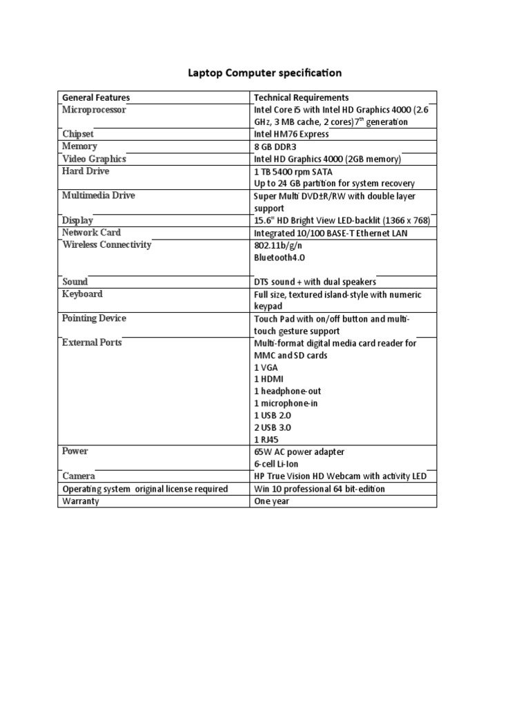 Laptop Computer Specification | PDF | Computers