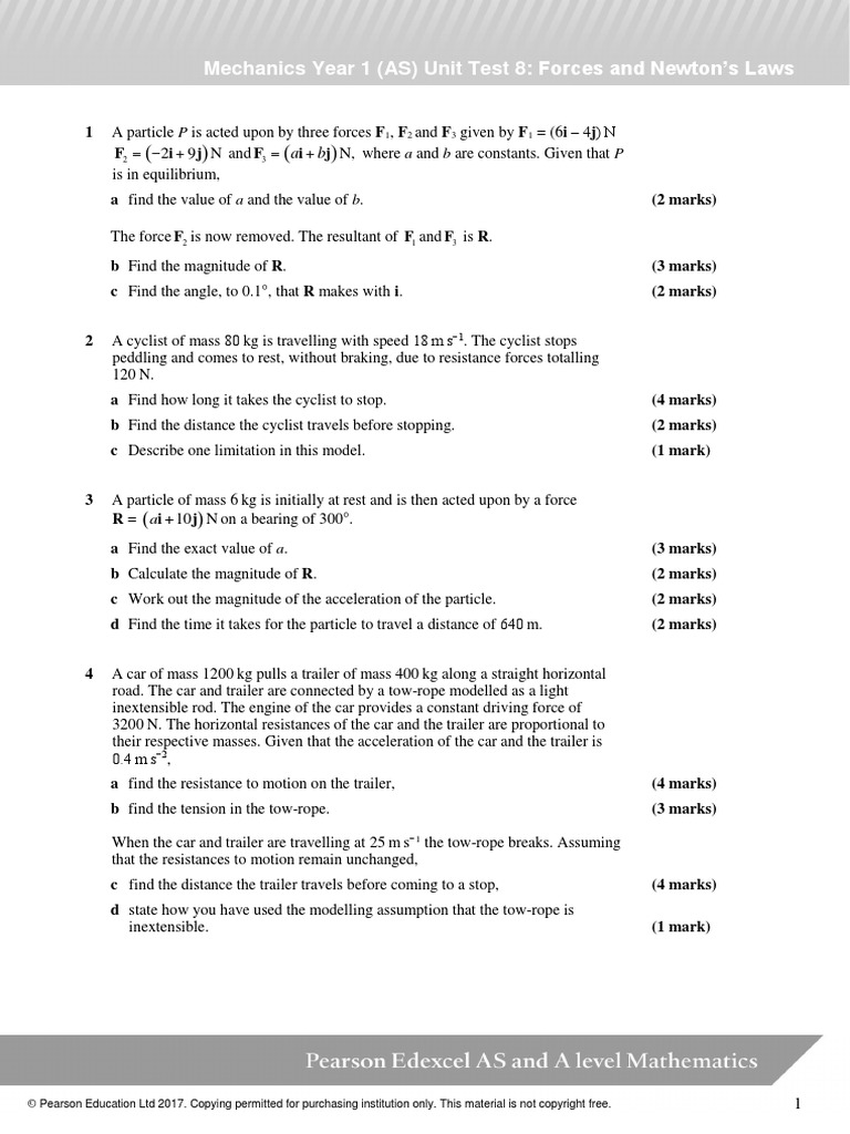 Mechanics Year 1 (AS) Unit Test 8 Forces and Newton's Laws Mark Scheme