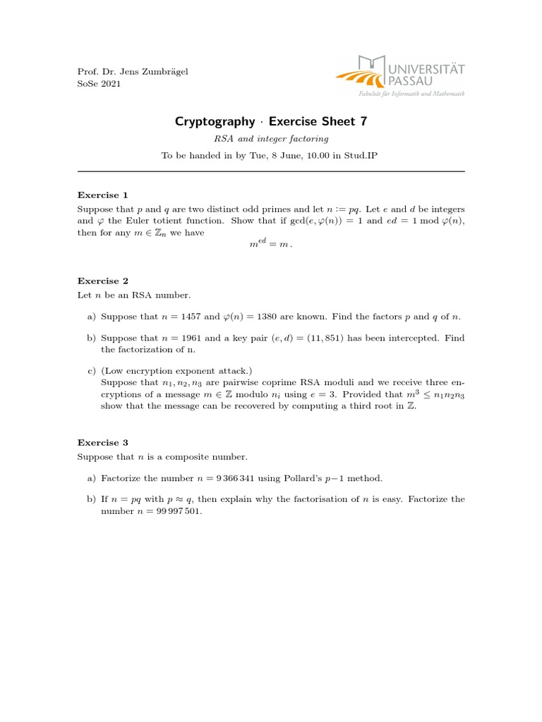 Cryptography Exercise Sheet 7 | PDF