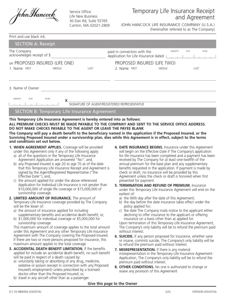 Temporary Life Insurance Receipt Agreement | PDF | Life Insurance ...