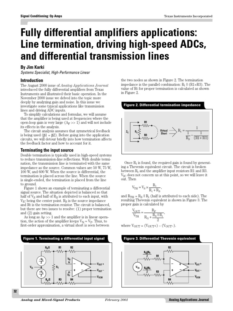 Fully Differential Amplifiers Applications Line Termination, Driving HighSpeed Adcs, and