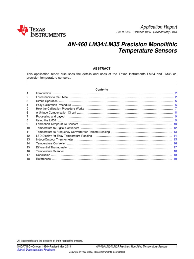 AN460 LM34/LM35 Precision Monolithic Temperature Sensors Application