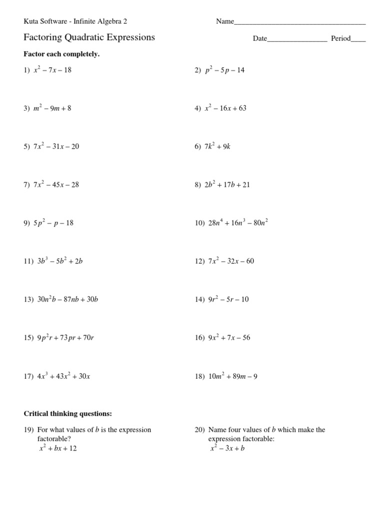 Free Worksheet Factoring Quadratic Expressions Worksheet 1492095935