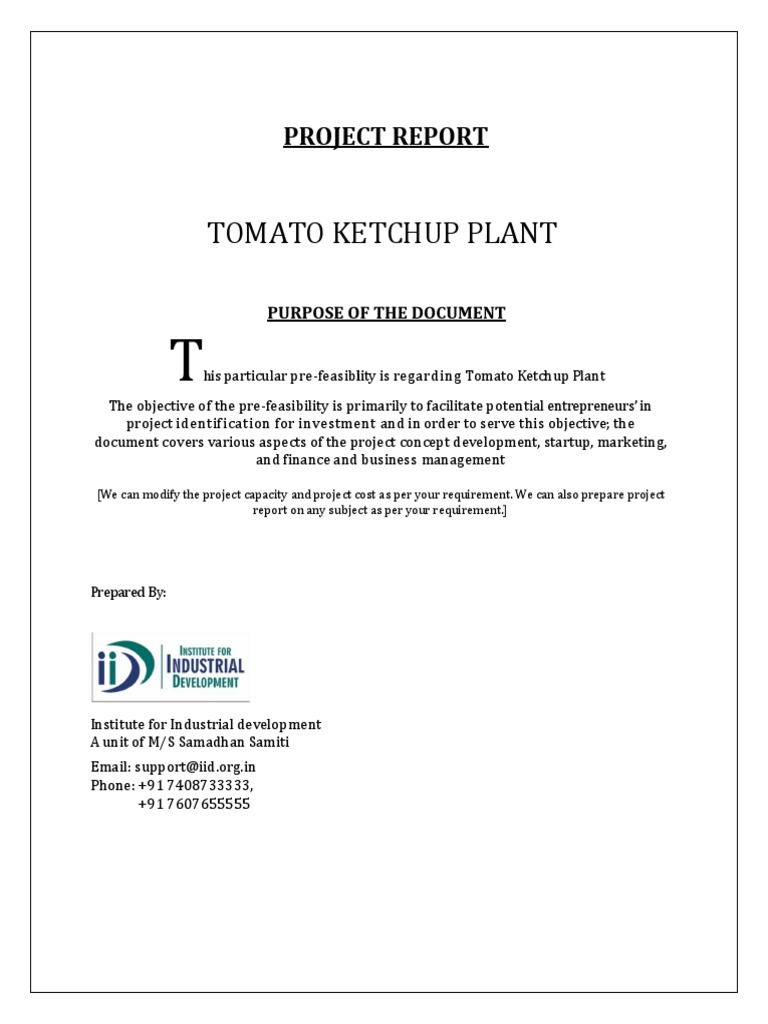 Tomato Ketchup Plant A PreFeasibility Report on Establishing a Tomato