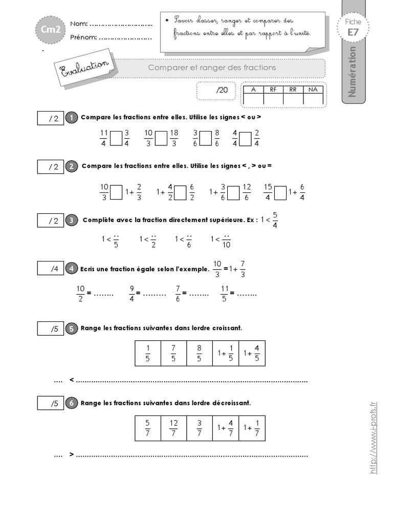 Exercices Fractions Cm2 Avec Corrigés Cm2 Evaluation Fractions Comparer | PDF
