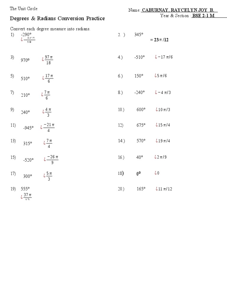 Degrees & Radians Conversion Practice PDF Elementary Geometry