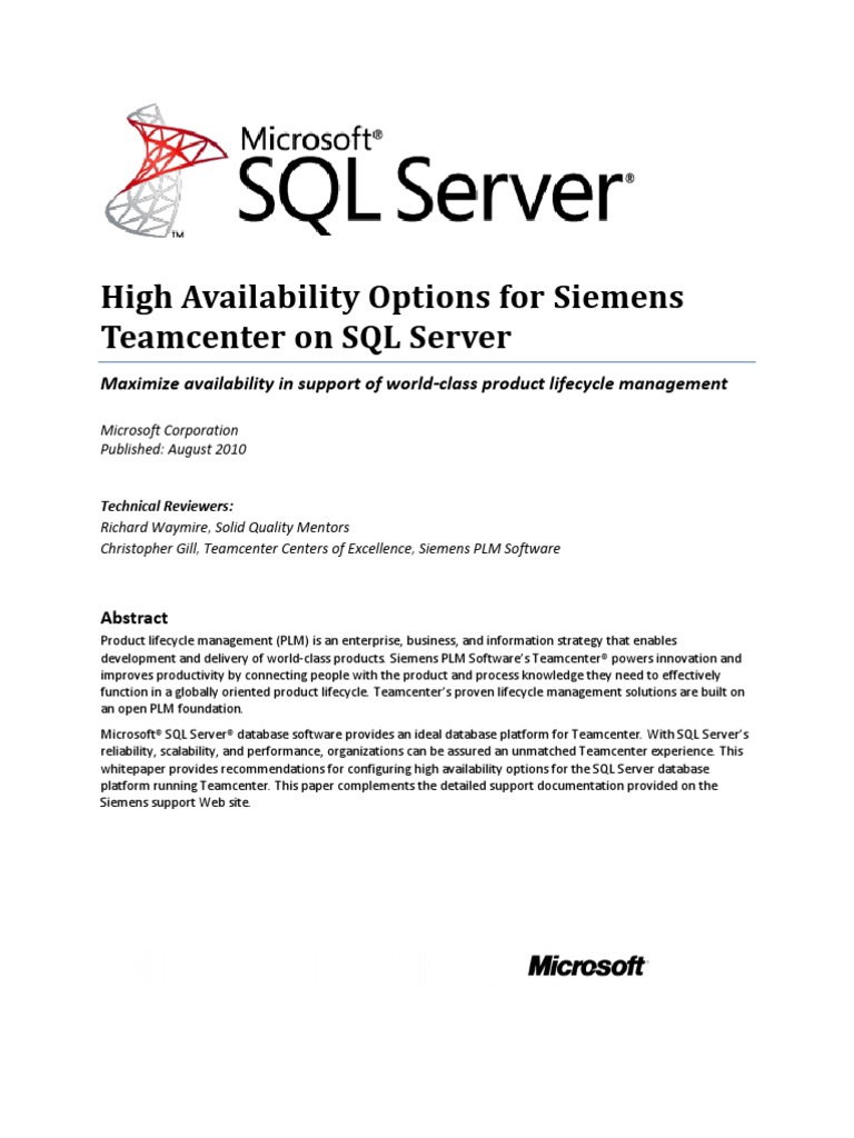 High Availability Options For Team Center With SQL Server | PDF ...