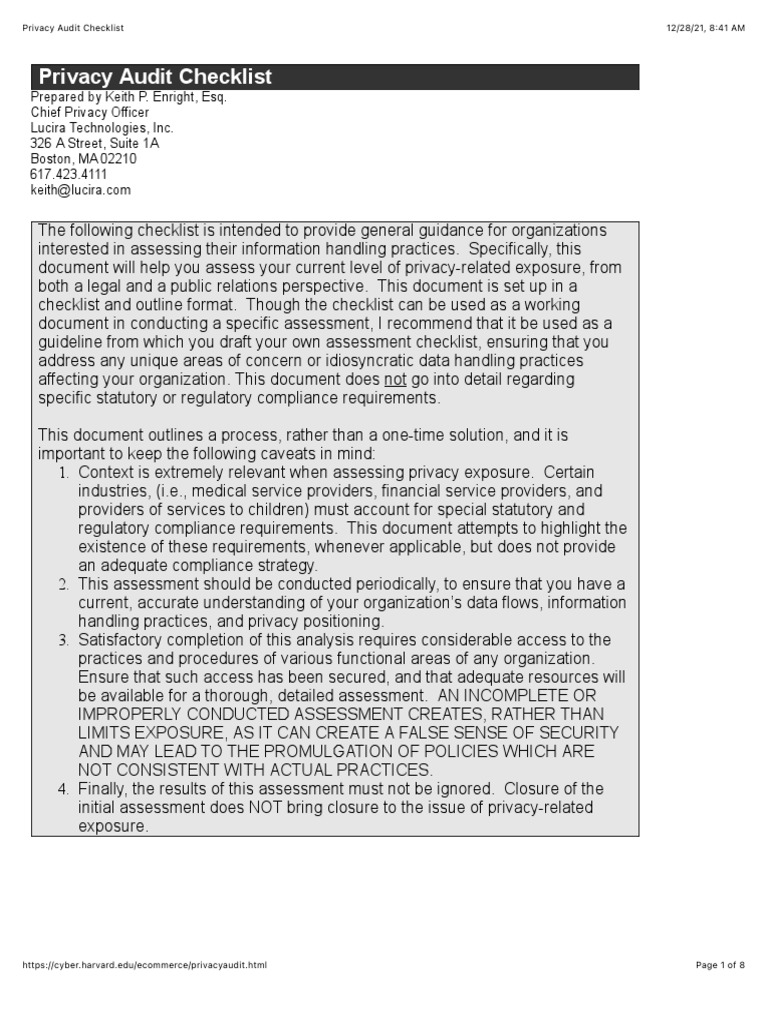 Privacy Audit Checklist PDF Http Cookie Privacy