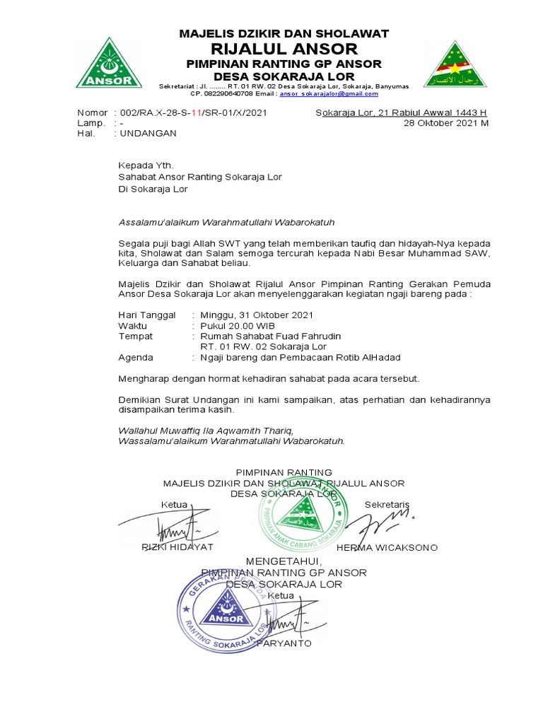 Contoh Surat Undangan RIjalul Ansor Ranting | PDF