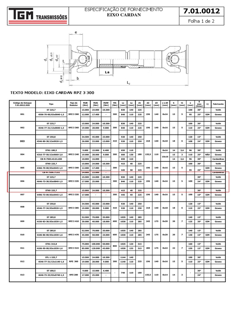Spécification Eixo Cardan RPZ 3 300 | PDF | Technologie et ingénierie