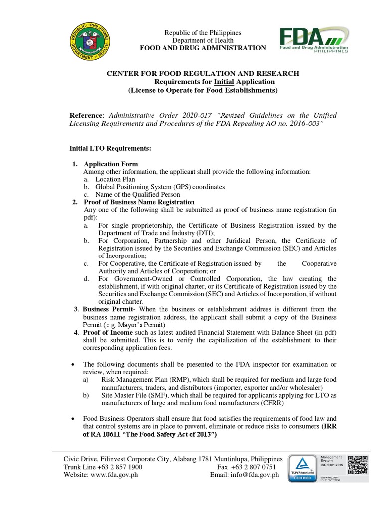 Requirements For Initial Application License To Operate For Food