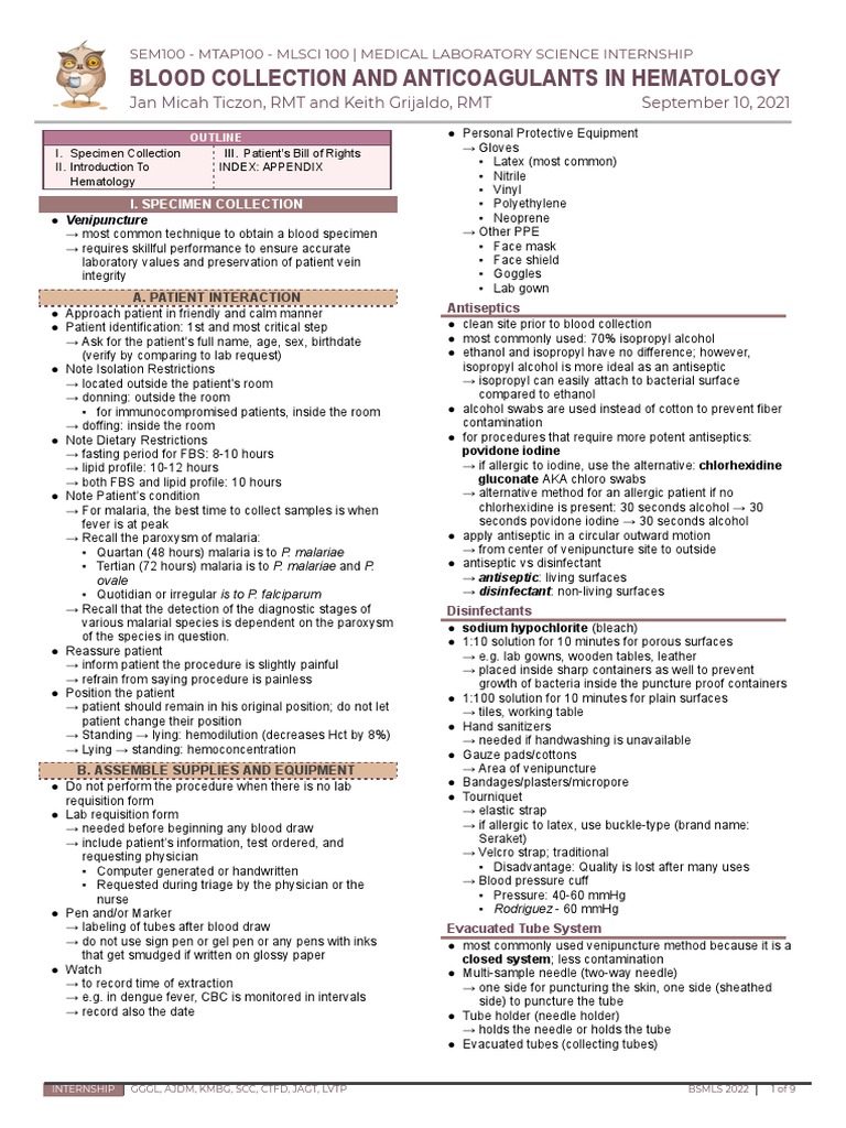 HEMA 1 Blood Collection and Anticoagulants in Hematology and